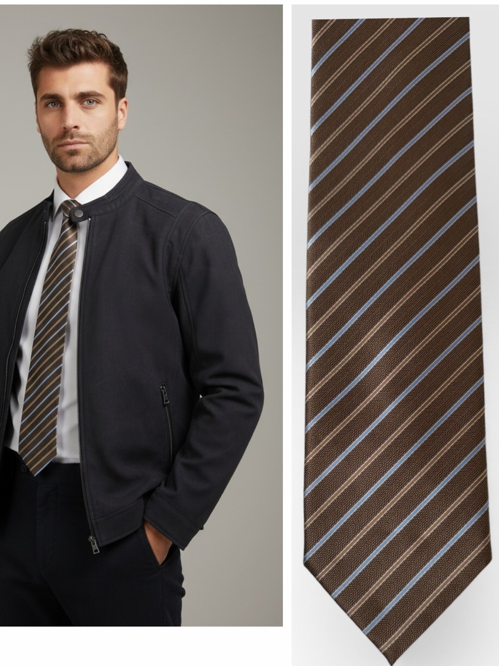 Men's Striped Brown & Blue Silk Tie